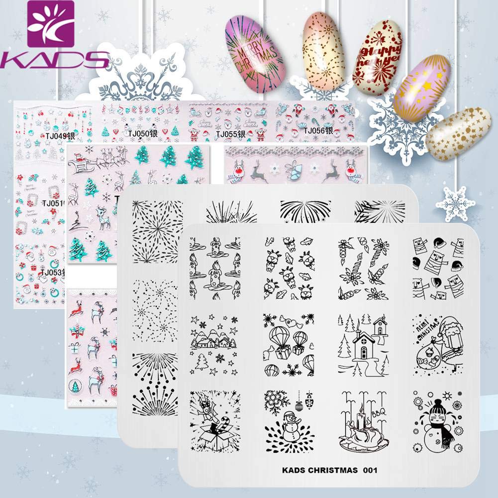 KADS 2pcs Christmas Nail Stamping Plate+2pcs 3D Nail Sticker Template Image Design Plates for Nail Art Decoration and DIY Nail Art ail sticker