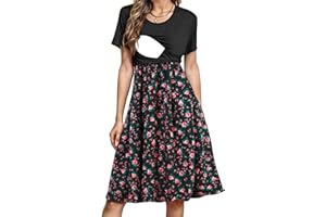 PARNIXS Women's Nursing Dress Summer Short Sleeve Patchwork Pregnancy Clothes with Pockets