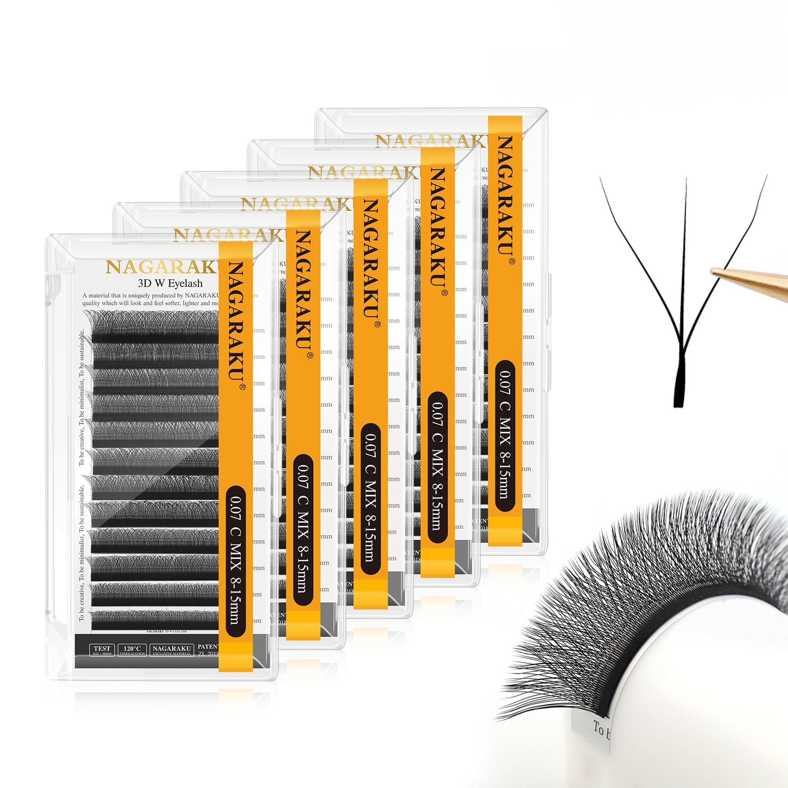 NAGARAKU 3D W Shape Eyelash Extension 5 Trays in 1 Pack Volume Premade Fans Pestañas Faux Mink Matte Black Cluster Easy Fanning False Lashes for Professional Beauty Salon (0.07 C Curl 8-15mm Mix) Image