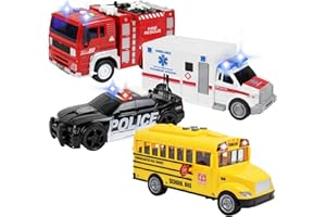 TeganPlay 4 Pack Ambulance, Fire Engine Truck, School Bus, Police Car Toy, Vehicles Toy Set Toddlers Cars | Friction Powered with Realistic Lights and Sounds