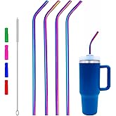 Wobye 4 Pack 14" Extra Long Reusable Colorful Stainless Steel Metal Bent Straw for 32 oz 40 oz 64 oz 75 oz 128 oz Tumbler, Tall Wine Bottle, with 1 Cleaning Brush & 4 Silicone Tips