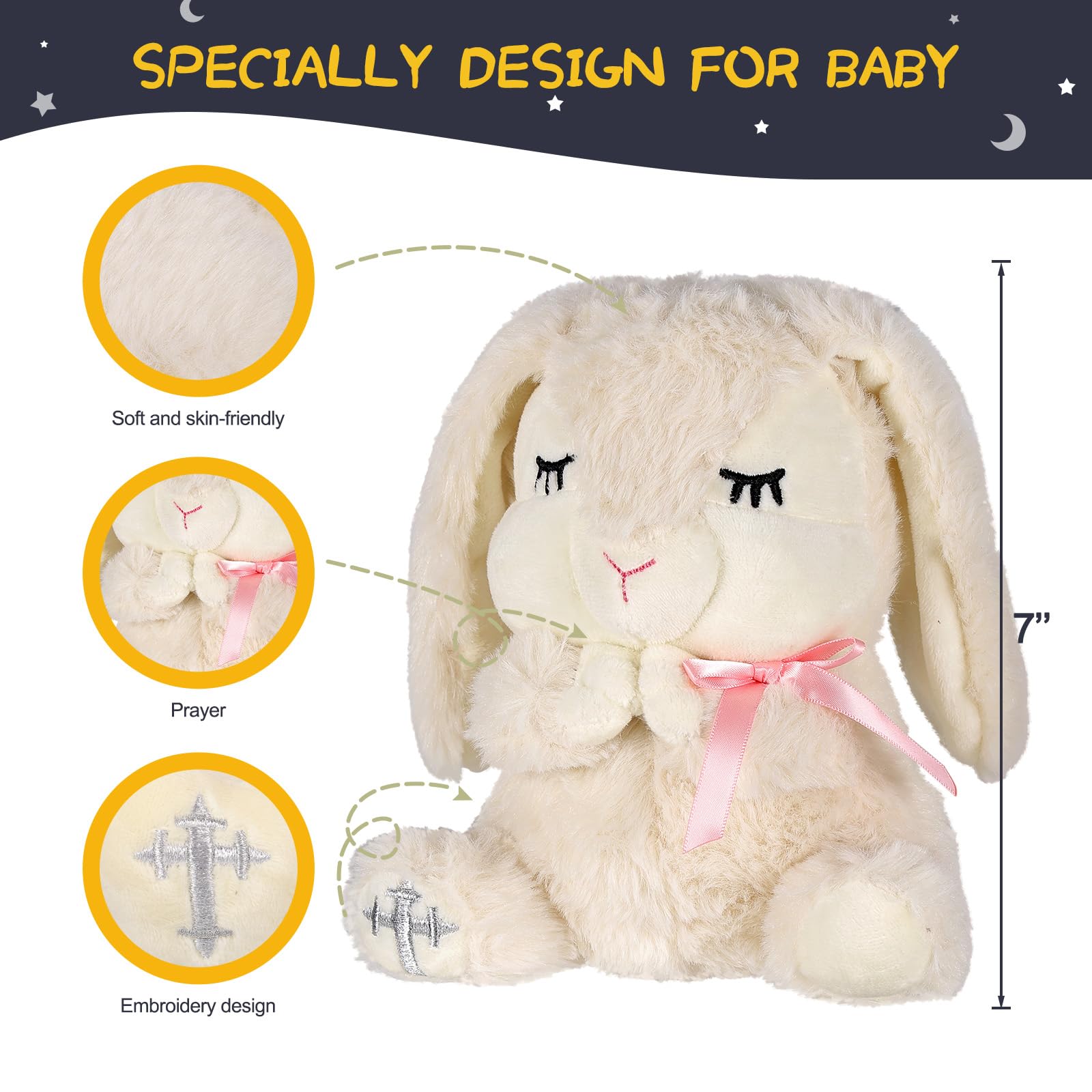 VUNCESSIN Baptism Gifts for Girls, Baby Dedication Gift, Christening Gifts for Baby Girls, Baptism Gifts Set Include 7'' Plush Bunny and Let's Pray Book in Keepsake Box.