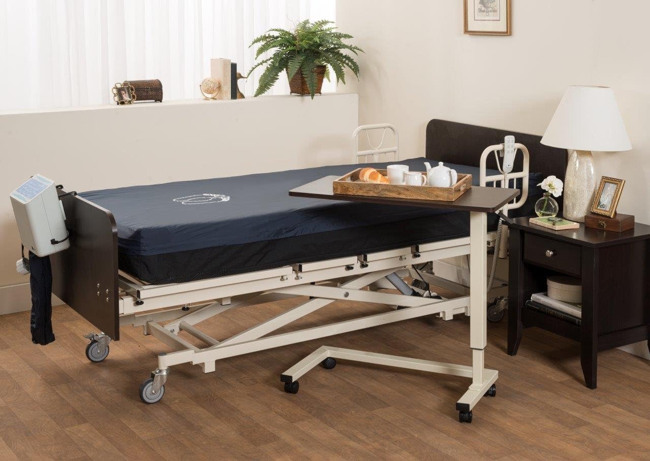 Medacure Bedside Table with Wheels - Overbed Table Hospital Bed – Home, Food, Laptop, Reading - Adjustable Height, No Spill Rim, Heavy Duty Steel Frame, Locking Casters - 50lb Capacity - Mahogany: Kitchen & Dining