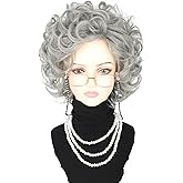 LeMarnia Old Lady Wig Costume Set for Women Short Curly Silver Grey Granny Wigs for Cosplay Old Woman Wig Halloween Party Wigs