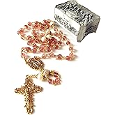 elegantmedical HANDMADE Gold Wire Wrapped UNDOUBTED Strawberry Crystal Beads &10mm Real Pearl Beads Rosary Cross/Crucifix Catholic Women's Necklace Gift Box