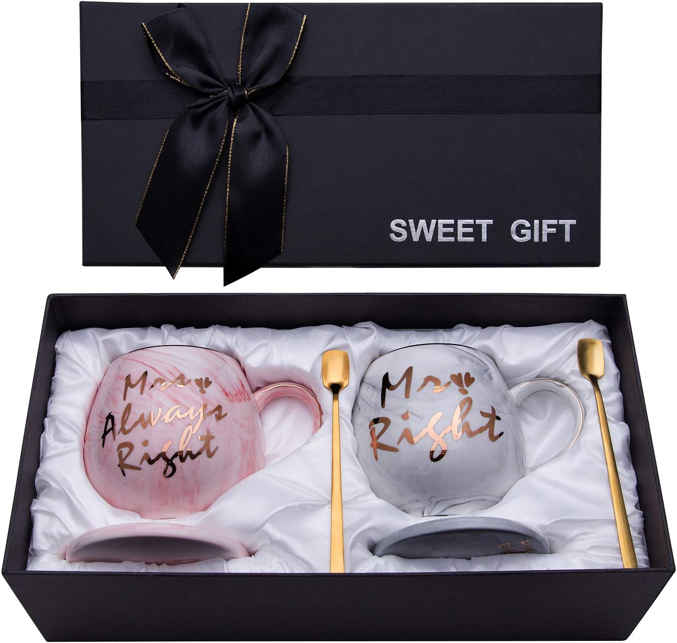Oyiyou Mr Right Mrs Always Right Couples Mugs Funny Wedding Engagement and Bridal Shower Gifts - Ceramic Marble Coffee Cups Set of 2 14oz