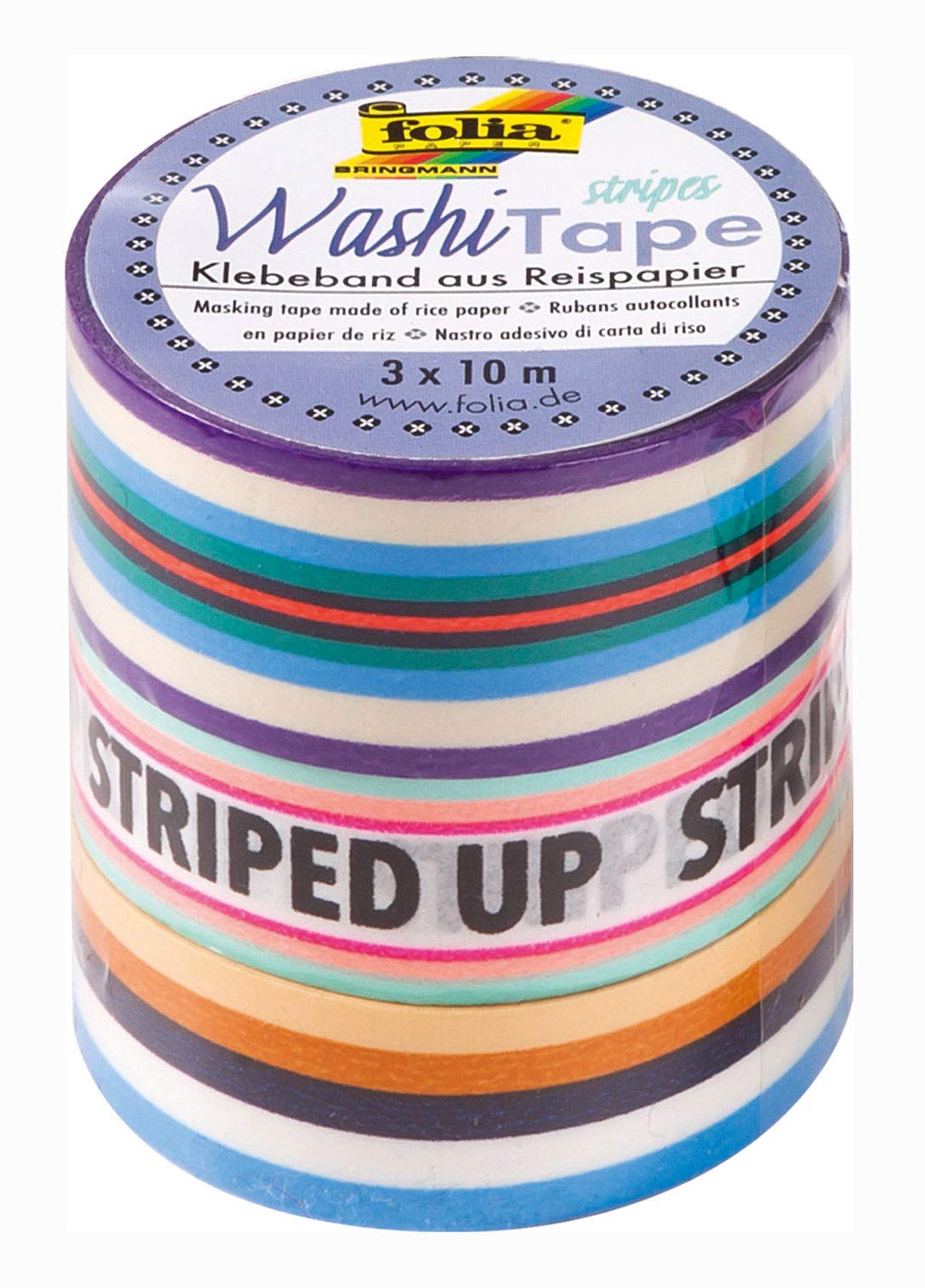 folia 26444 Washi Tape Stripes Neon II Set of 3 Rice Paper Tape Ideal for Decorating and Decorating