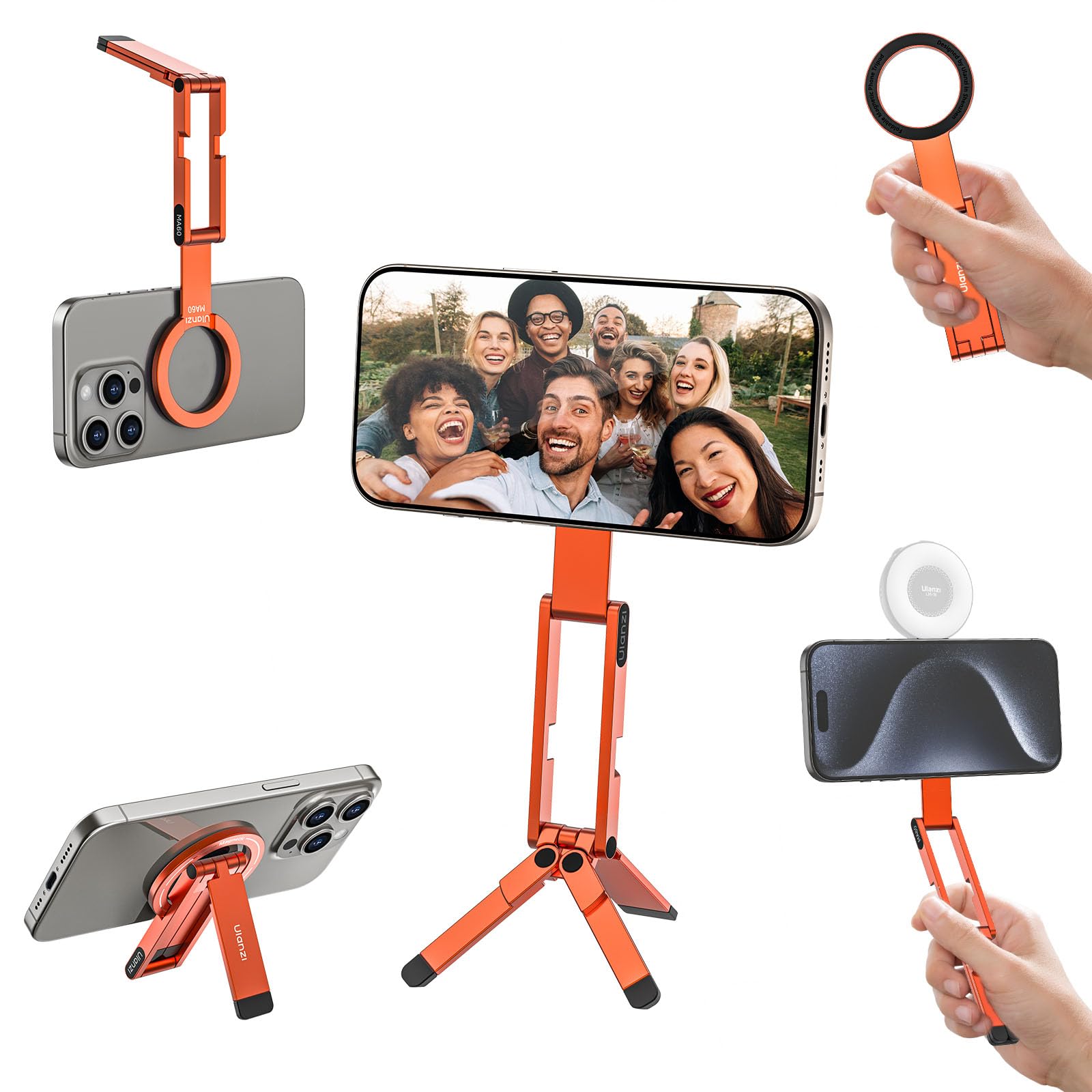 ULANZI MA60 Magnetic Phone Tripod Stand for iPhone - Aluminium Smartphone Mini Tripod Pocket Cell Phone Stand Strong Magnet Quick Mount Compatible with iPhone 16 15 14 13 15 Series, Orange