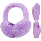 BEARAE Winter Ear Muffs Gloves Set, Fuax Fur Earmuffs with Glove, Foldable Fluffy Ear Warmer Muff for 7-12T Kids Girls Boys