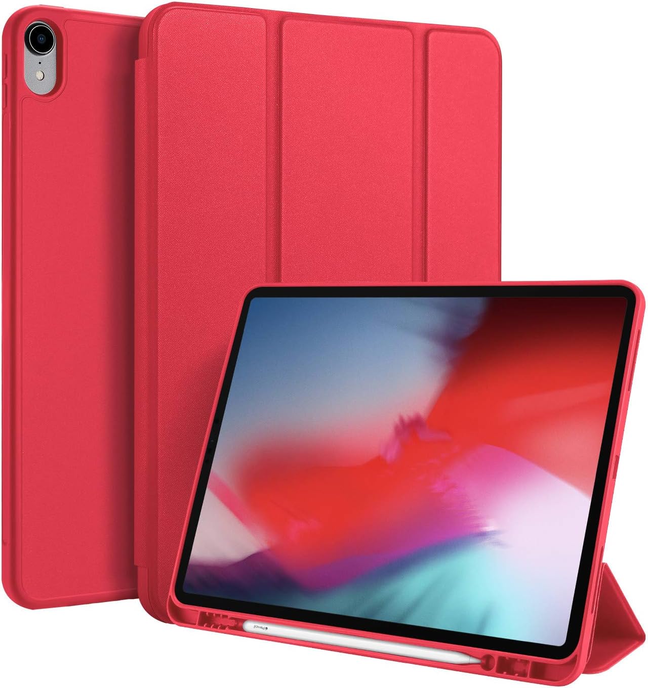 fitmore Compatible with iPad Pro 12.9 Inch 2018 Case, Ultra Slim Leather Folio Case Cover with Card Slots Shockproof Protective Tablet Case (Red)