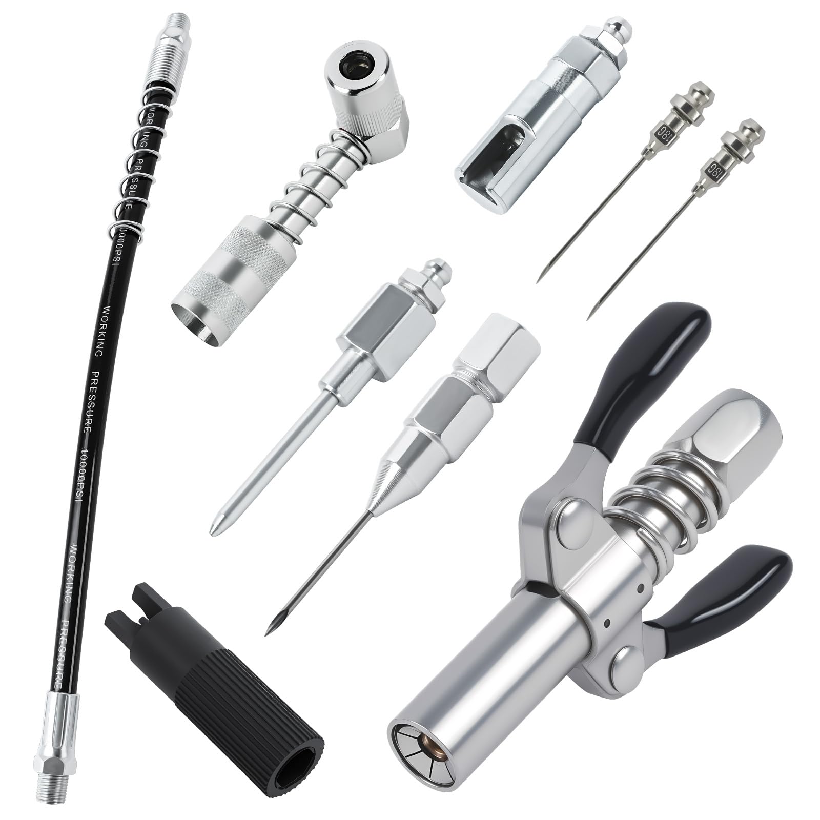 9pcs Grease Gun Accessory Kit,includes Grease Gun Coupler,12 inch Hose,Grease Needle Dispenser,2pcs Nozzles,90 Degree Grease Coupler Adapter,Zerk Fitting Cleaner,Grease Filling Nozzle and Grease Tip
