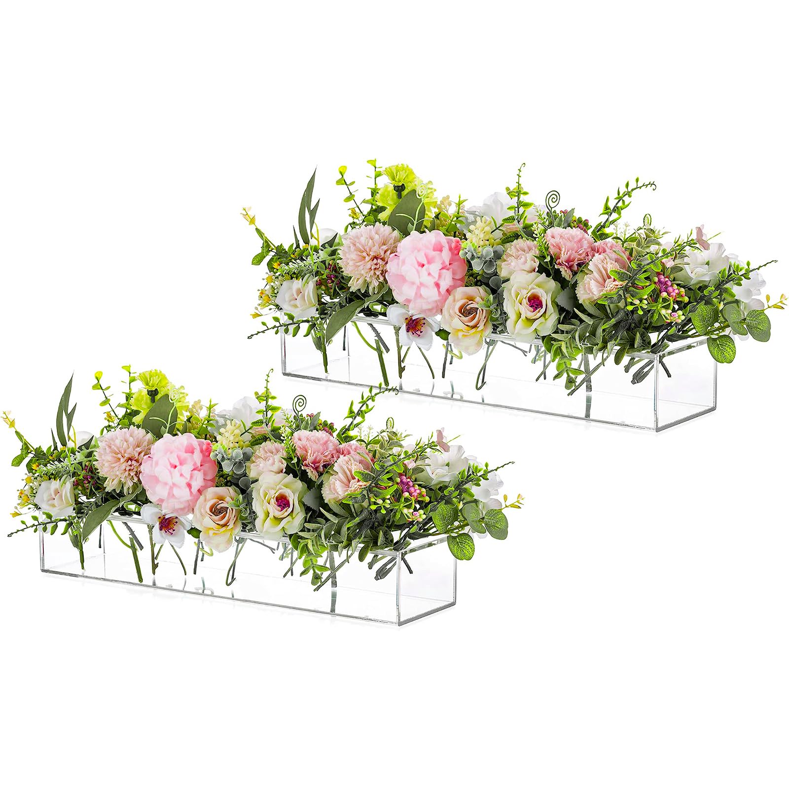 Photo 1 of Rectangular Acrylic Vases for Centerpieces, 16 Inches Long Floral Vase with Holes for Flowers, Clear Rectangle Box Tray for Roses Modern Flower Arranger for Wedding Home Dining Table Decor, 2pcs