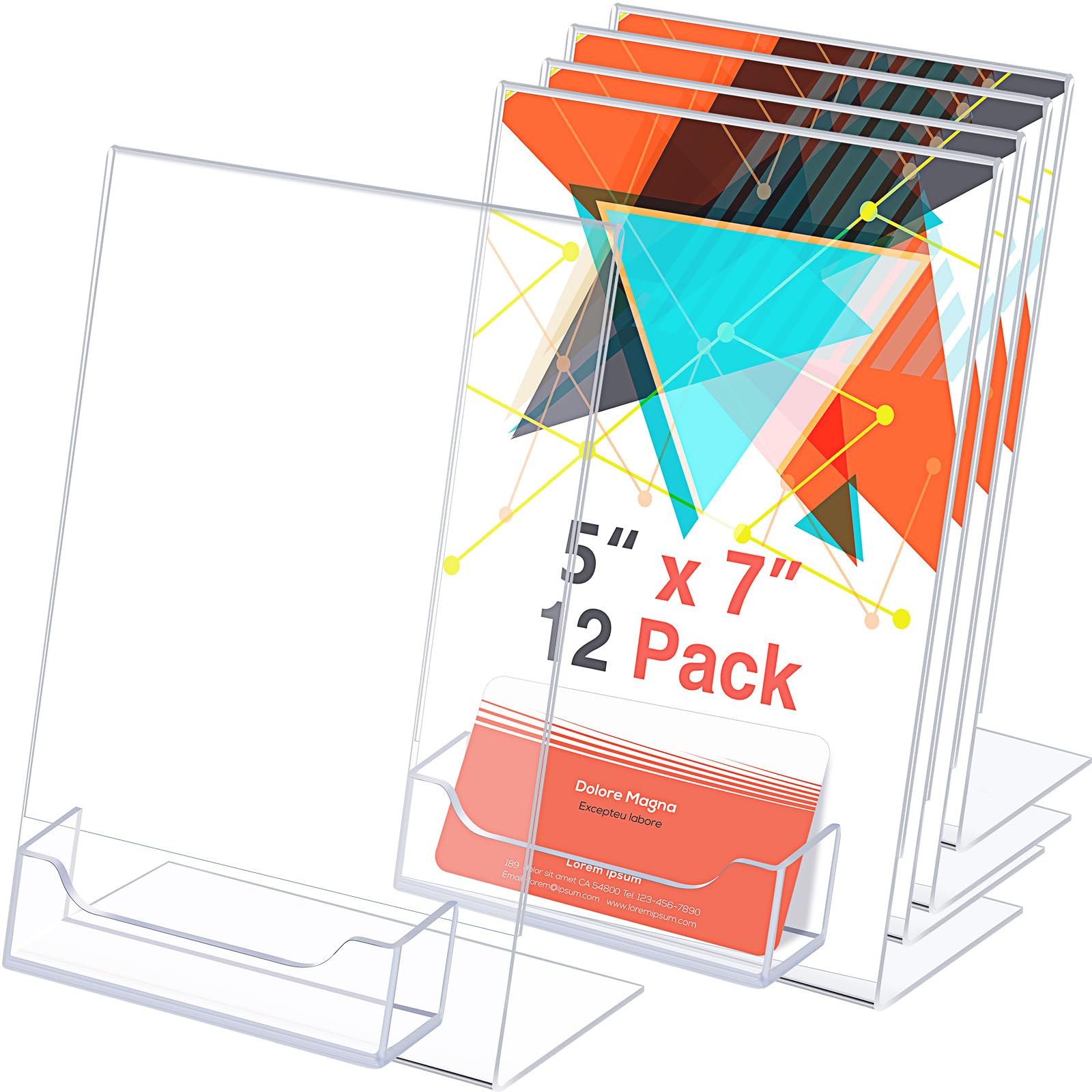 Photo 1 of Remerry 12 Pcs Acrylic Sign Holder with Business Card Holder Slanted Paper Stand Clear Brochure Display Stand Heavy Duty Plastic Signs for Office Table Advertisement Flyer (5 x 7 Inch)