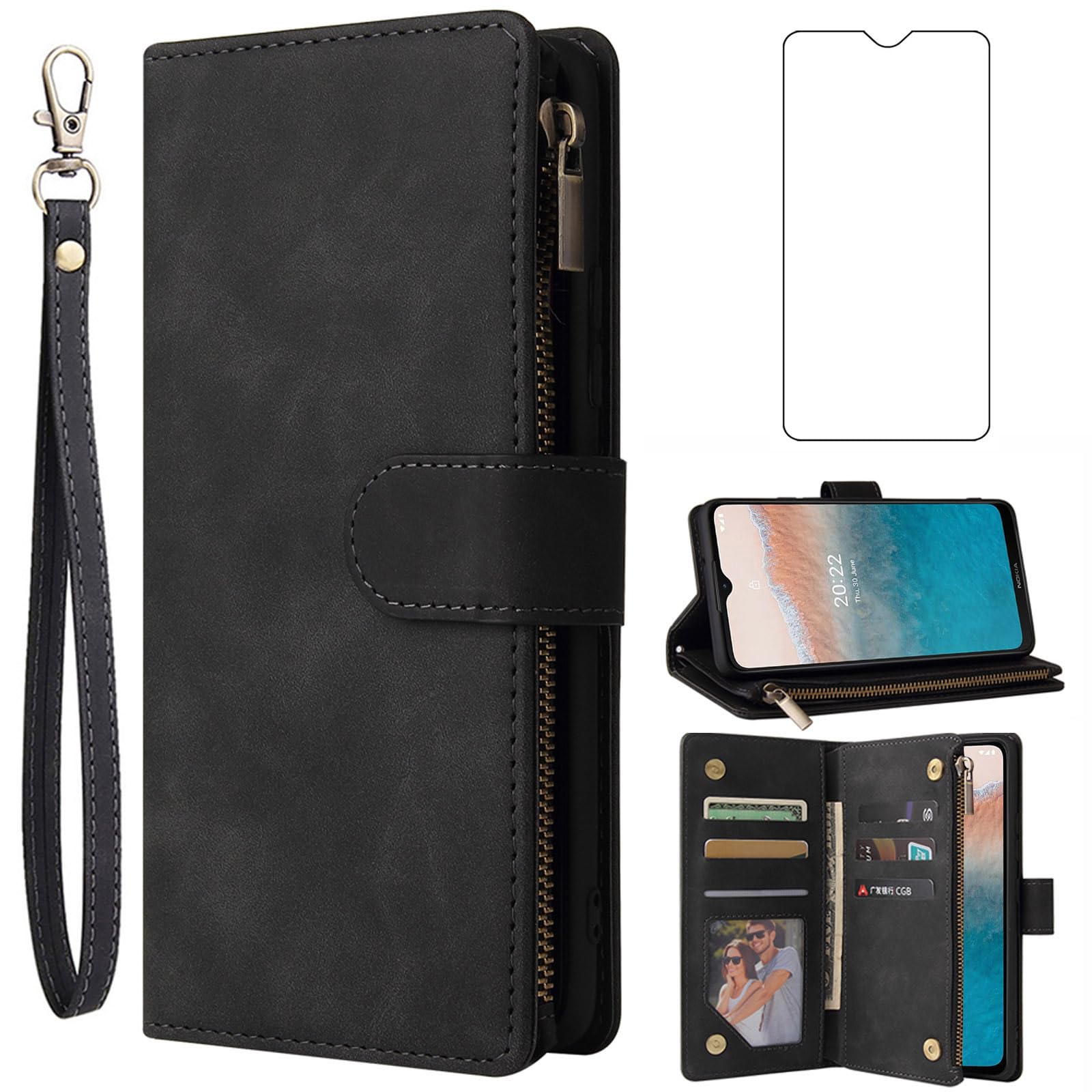 Asuwish Compatible with Nokia C21 Plus Wallet Case and Tempered Glass Screen Protector Leather Flip Cover Card Holder Stand Cell Accessories Shockproof Phone Cases for C 21 + C21+ C21Plus Women Black