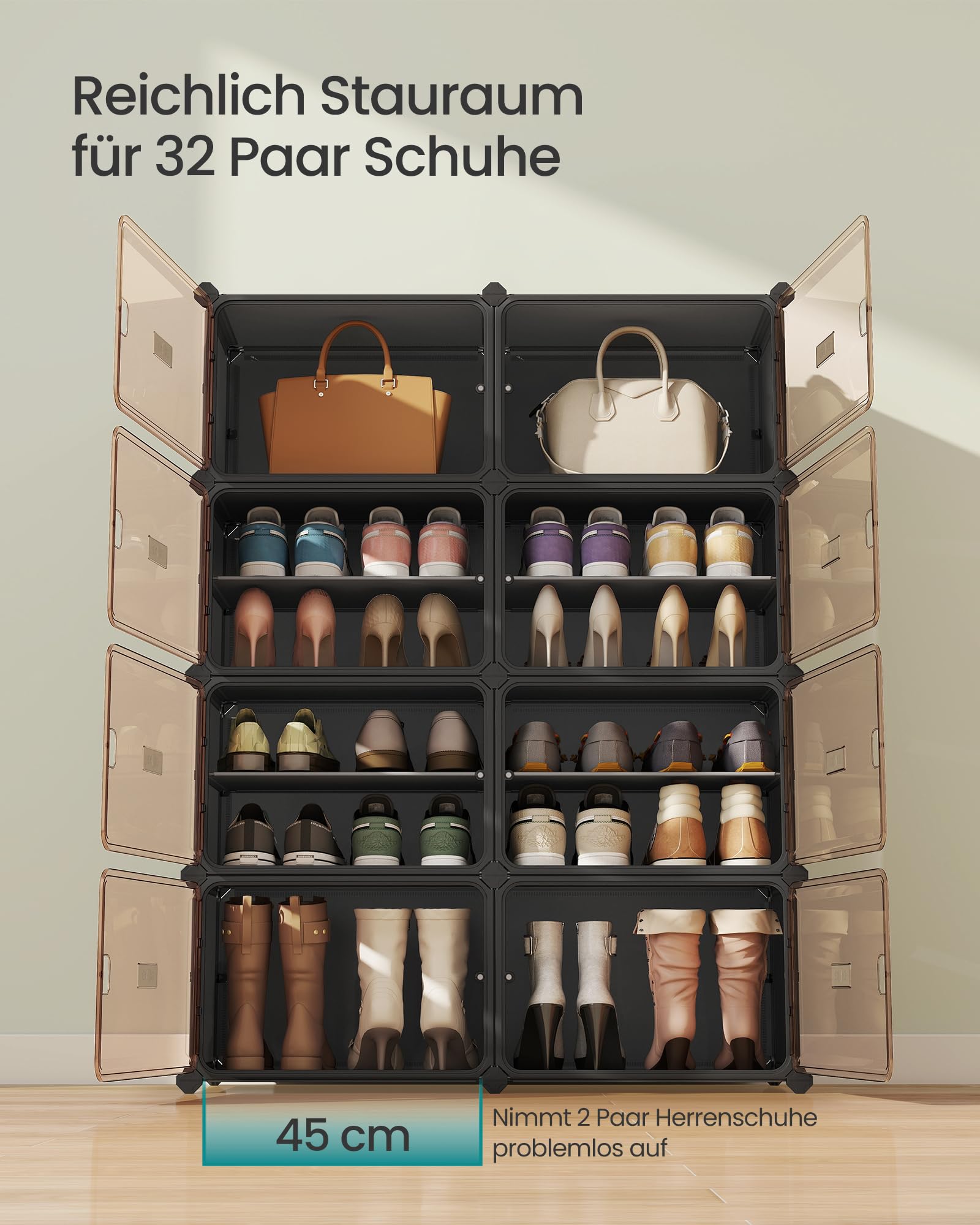 SONGMICS Schuhregal mit 8 Fächern, Schuhschrank, 30 x 45 x 30 cm pro Fach, durchsichtige Tür, Metallrahmen, für 32 Paar Schuhe, Flur, Schlafzimmer, tintenschwarz-transparentes Braun LPC054BH01 4