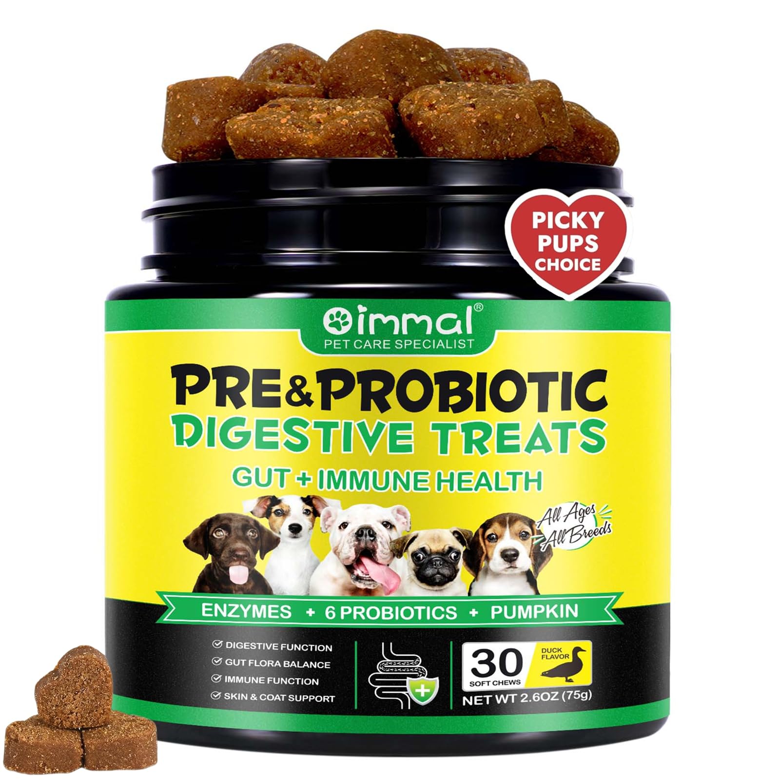 Probiotics for Dogs – 30 Duck-Flavoured Chews with Pumpkin & Enzymes | Supports Gut Flora, Digestive Comfort & Skin Condition