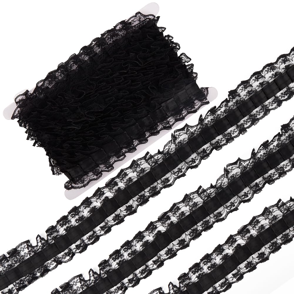 GORGECRAFT 10 Yards Double Ruffle Lace Trim 4.6cm Pleated Flower Lace Edge Ribbon Black Voile Gathered Edging Trimming Sewing Applique for DIY Crafts Wedding Costume Garment Accessory