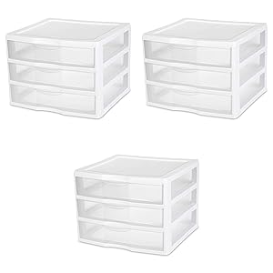 Sterilite 20938003 Wide 3 Drawer Unit, White Frame with Clear Drawers, 3-Pack