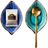 2-Pack Leaf Ice-Cracked Ceramic Coffee Spoon Rest &amp; Tea Bag Holder with 2 Gold Spoons - Small Teabag Saucer for Coffee Bar Accessories - Cute Dipping Sauce Dish &amp; Stirring Spoon Holder Set