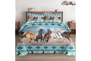 WeCozy 3 Pcs Comforter Set King Size with 2 Pillowcases, Horses Desert Animal Bedding Set for Kids and Adults, Tribal Farm Sunset Run Soft Comforter Set for Bedroom Bed Decor