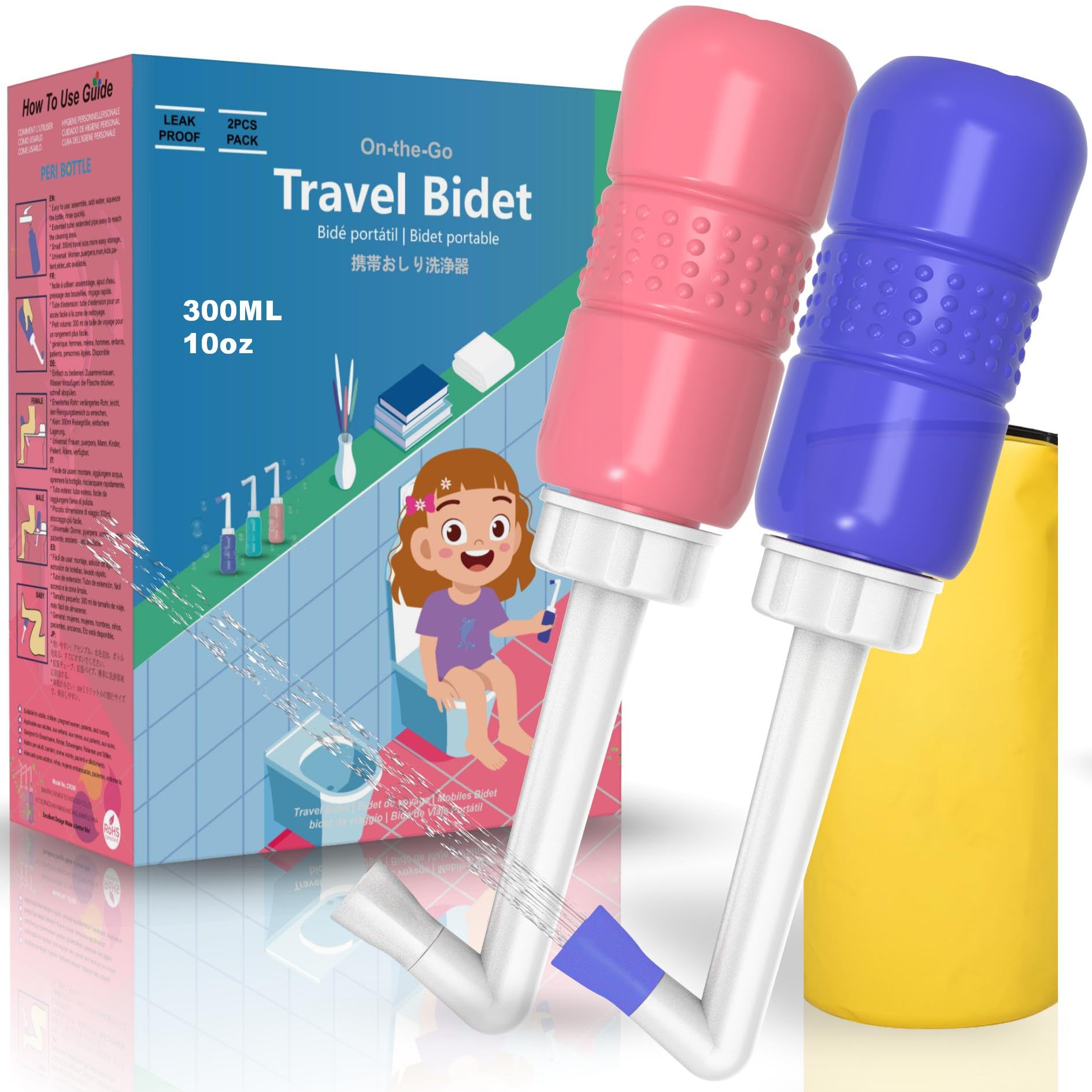 2Pcs-Pack Portable Bidet for Travel Personal Hygiene Cleaning-Postpartum Perineal Care-Portable Hand Held Travel Bidet Sprayer for Women or Men,300ml 10oz Post-Birth Perineal Wash Bottle,Blue Pink