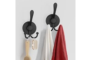 SOLEILWEAR Suction Cup Hooks, Vacuum Power Heavy Duty Shower Hooks for Inside Shower, No Drill Towel Hooks for Bathroom Wall, Kitchen, Glass, Mirror, Tile to Hang Towels, Robes, Loofah, Black (2 Pack)
