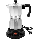 Suiitat Electric Moka Pot, 3 or 6 Cup Espresso Coffee Maker, Silver | Food-grade aluminum, dose reduction plate, boil-dry protection, auto-stop, detachable base, for Cuban and Italian coffee