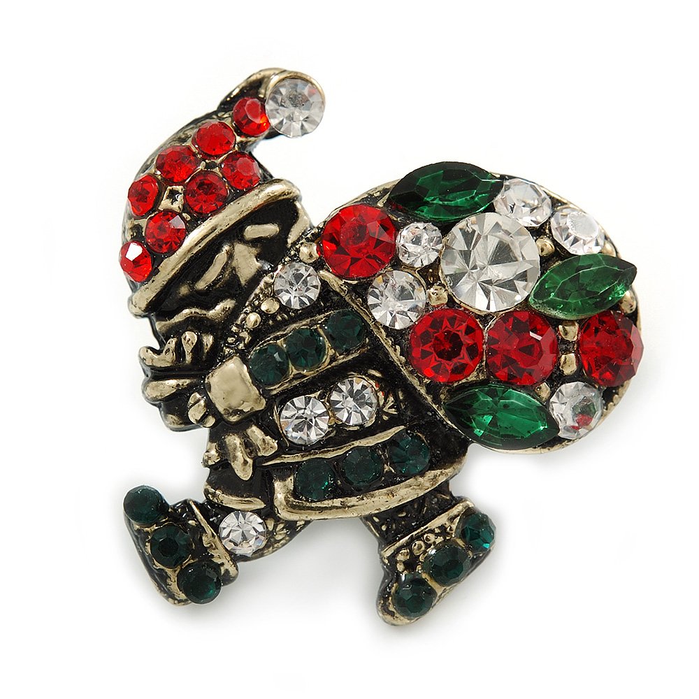 Small Vintage Inspired Crystal Christmas Santa Claus Brooch In Bronze Tone - 28mm L