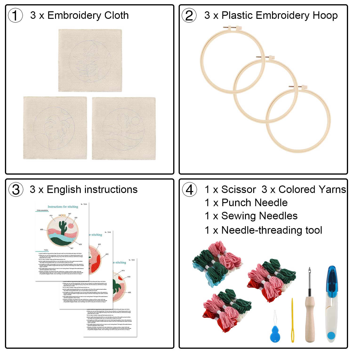 Anidaroel 3 Sets Punch Needle Kits - Beginner Adults Kit with Fabric, Hoops, Yarns and Sewing Needles