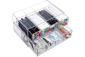 Yesesion Clear Office Organizer Drawer for Desk, 2 Pack Plastic Pen and Pencil Holder with Adjustable Compartment, Large Desk Accessories Display Caddy for Home, Cabinet, Bathroom (Type B - 2 Pack)