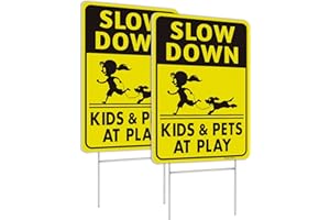 Faittoo Slow Down Signs, Kids and Pets at Play Sign with Stake,18 x 12 Double-Sided Corrugated Plastic Yard Sign, Easy to Ass