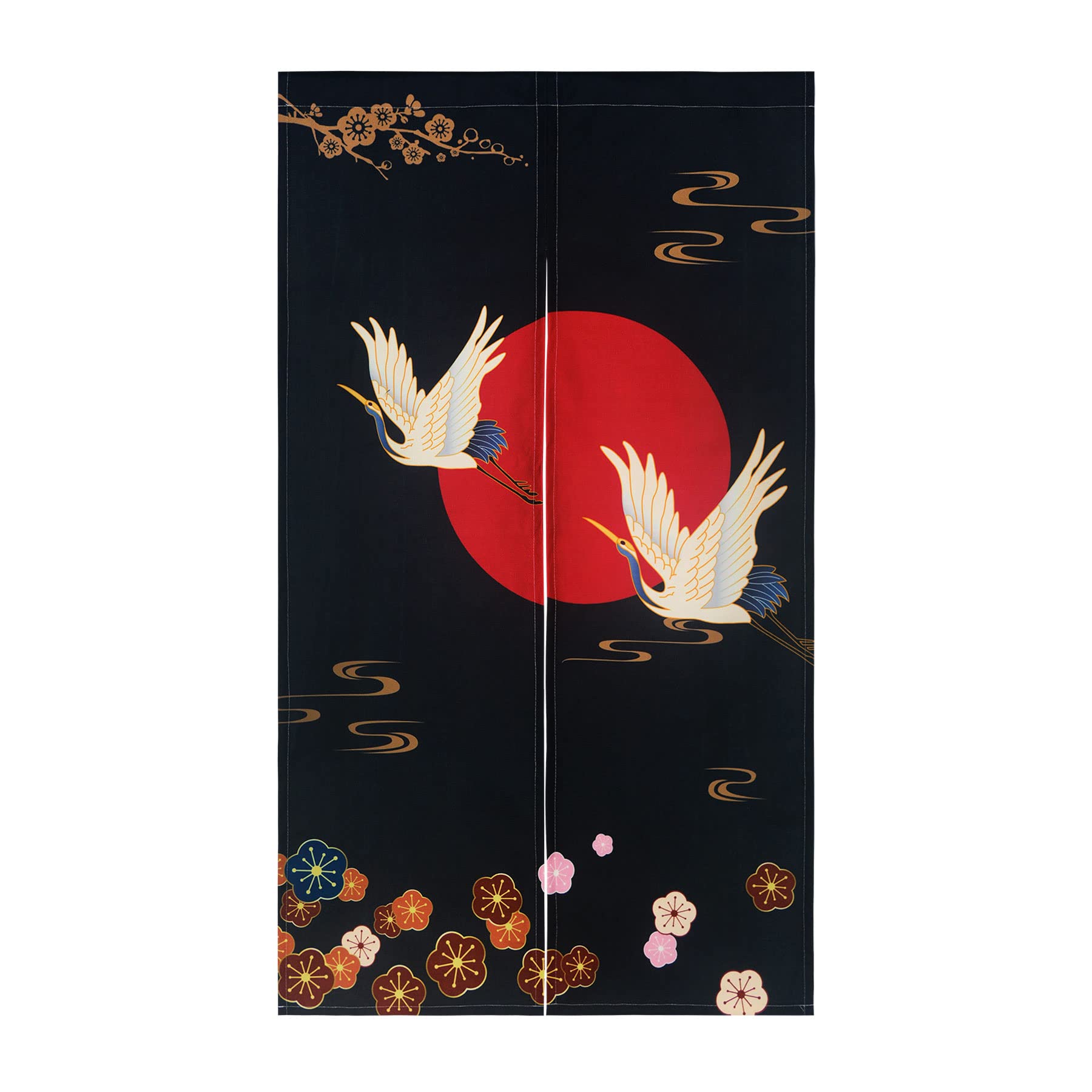 LIGICKY Noren Doorway Curtain Japanese Style Thicken White Cranes Red Sun Gold Colourful Cherry Blossom Printed Window Treatment Door Tapestry for Home Decoration 85 x 150 cm