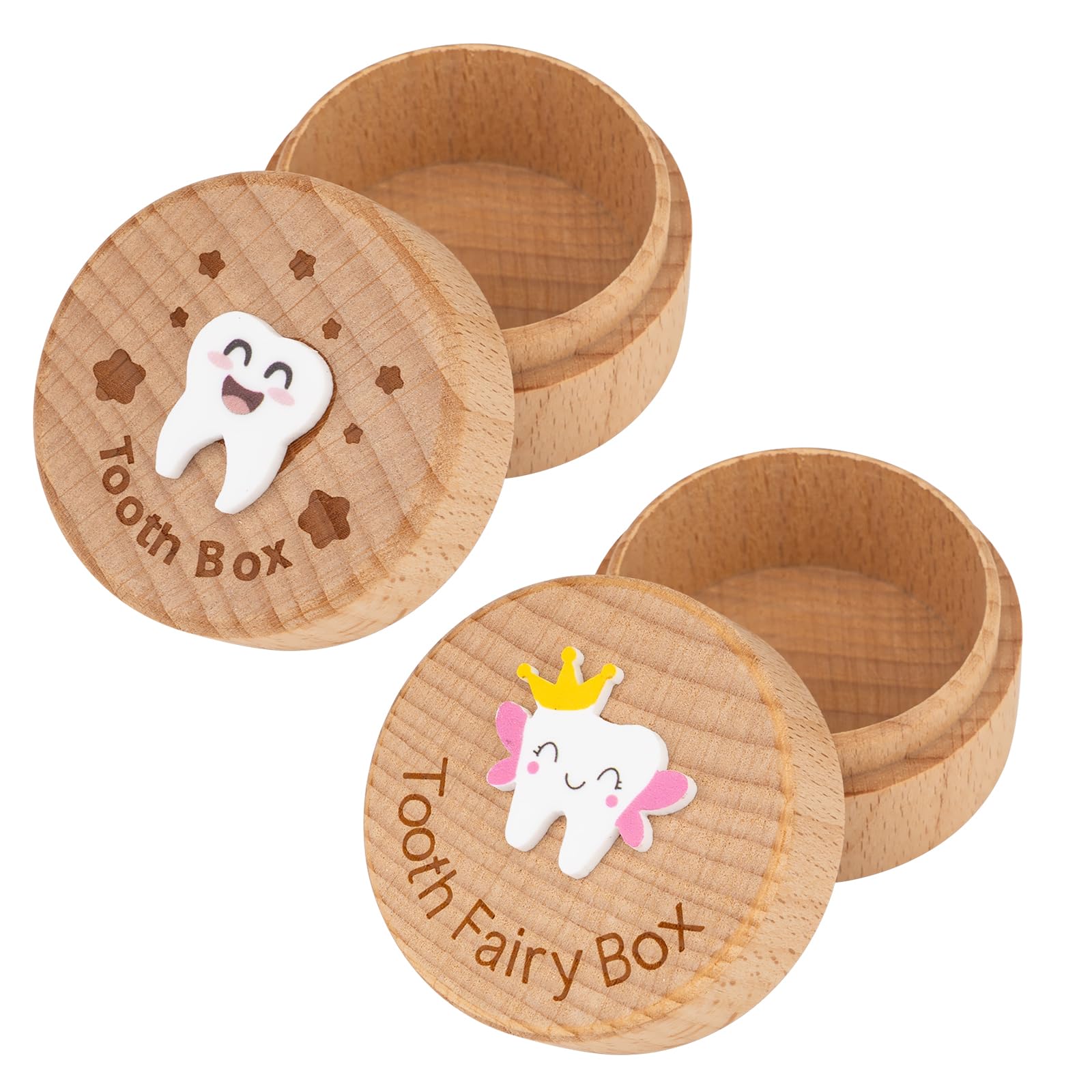Leikedun 2Pcs Tooth Fairy Box, 3D Carved Wooden Tooth Storage Box Cute Tooth Keepsake Holder for Dropped Baby Tooth