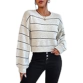Milumia Women's Striped Knit Cropped Sweater Long Puff Sleeve Crewneck Casual Pullover Tops
