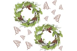 FineCheer 2 Pcs Rusty Butterfly Candle Rings Wreaths 6 Inch Center Spring Rustic Pillar Candle Wreaths with Artificial Berries Primitive Candles Brown Pips for Holiday Kitchen Home Table Centerpiece