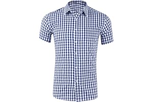 DAZLOR Plaid Dress Shirt for Men Big and Tall Slim Fit Short Sleeve Poplin Shirt Formal Gingham Button Down Collar Work Shirt