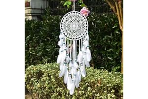 EasyBravo Large Boho Dream Catcher with White Feather and Blue Beads Macrame Wall Hanging for Vintage Wedding Home Decorations 9.8in Circle 27.6in Long