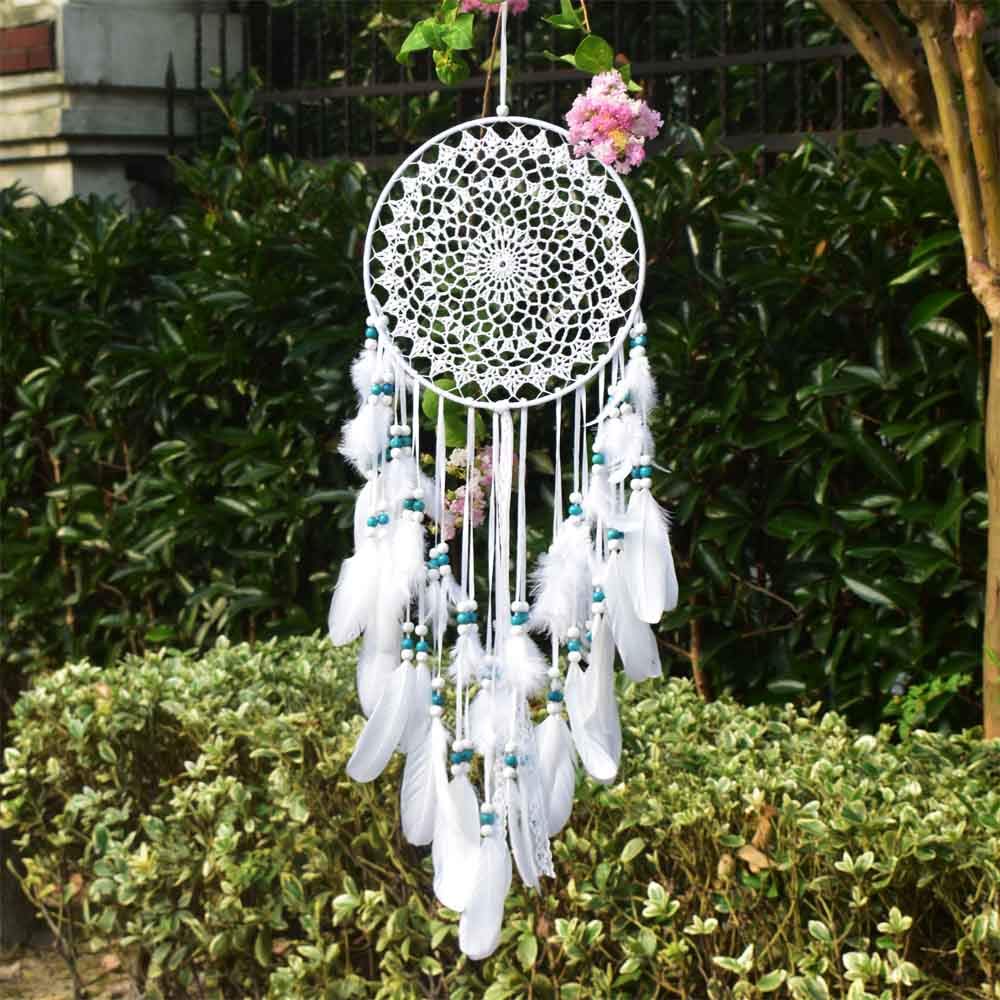 EasyBravo Large Boho Dream Catcher with White Feather and Blue Beads Macrame Wall Hanging for Vintage Wedding Home Decorations 25cm Circle 70cm Long