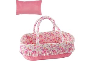 BABESIDE 2 Pcs Reborn Baby Doll Accessories, Pink Floral Baby Doll Bassinet with Pillow and Built-in Carrier, Foldable Doll Bed with Handle for 17-22 Inch Lifelike Dolls (Dolls Not Included)
