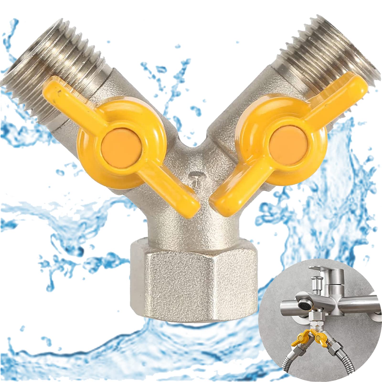 truee 1159820 3-Way Y-Splitter Piece, 1/2 Inch Switch Valve Made of Brass, Y Splitter Valve with 2 Independent Valves, Taps Splitter Garden Hose, for Washing Machine Garden Hose