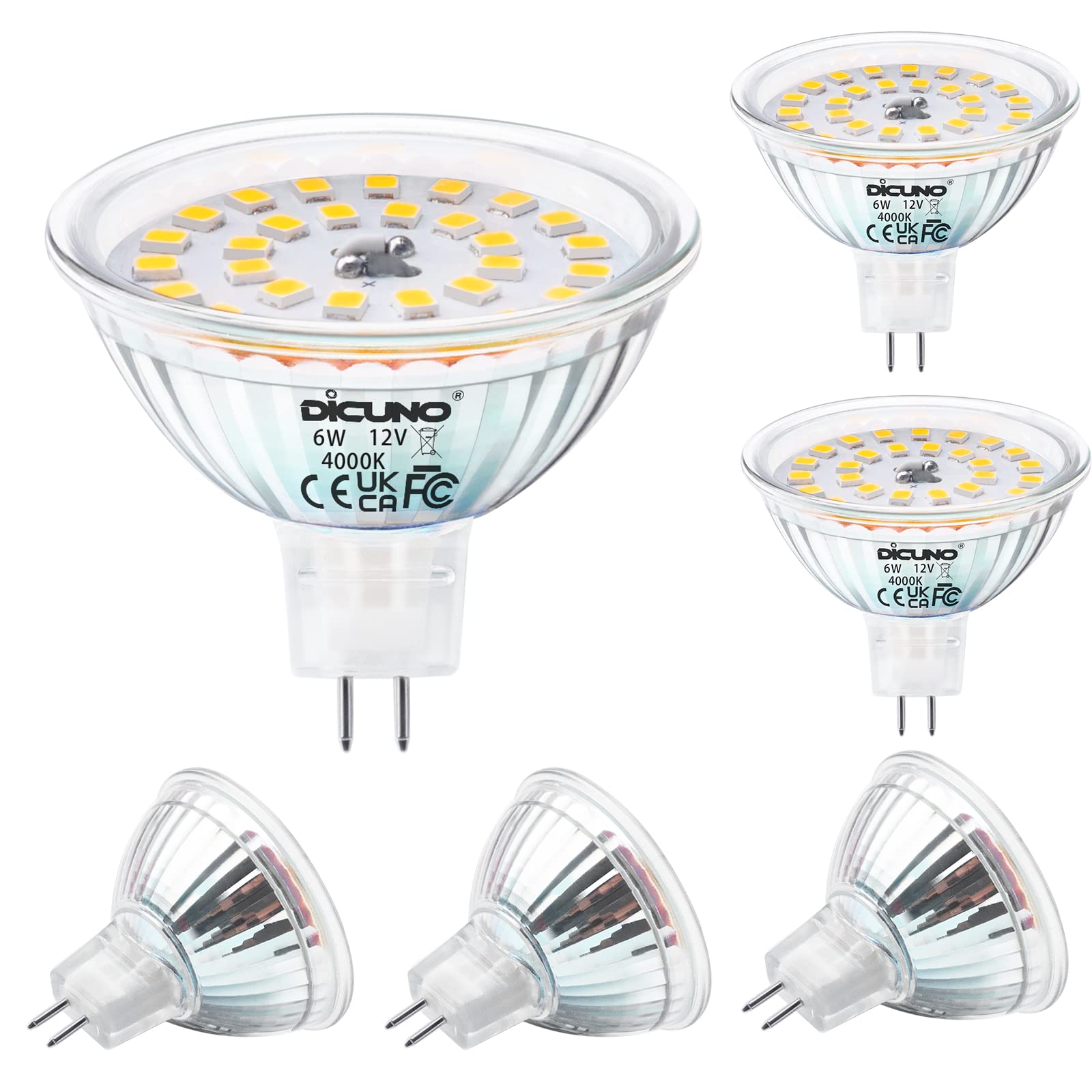 DiCUNO MR16 LED Light Bulbs 6W, GU5.3 Spotlight Bulb 12V, Equivalent to 70W Halogen, Natural White 4000K, 580LM, 120° Beam Angle, GU5.3 Bi-Pin Base Track Light, 6 Packs