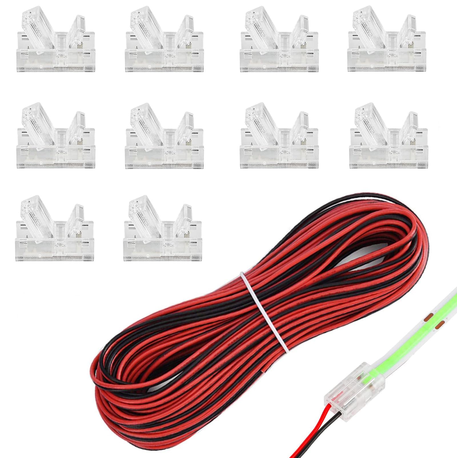 10 PCS 2 Pin 8mm COB LED Connectors with 16.4ft Extension Cable 22 AWG Stable Connection Wire Connectors Adapter for Waterproof LED Strip Lights Quick Connection
