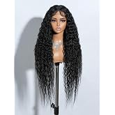 Joedir 32" Long Deep Curly Wavy Lace Front Synthetic Wigs HD Transparent Glueless Lace Wig Heat Resistant Fiber Pre Plucked Hairline with Baby Hair Wig for Women(Black Color)