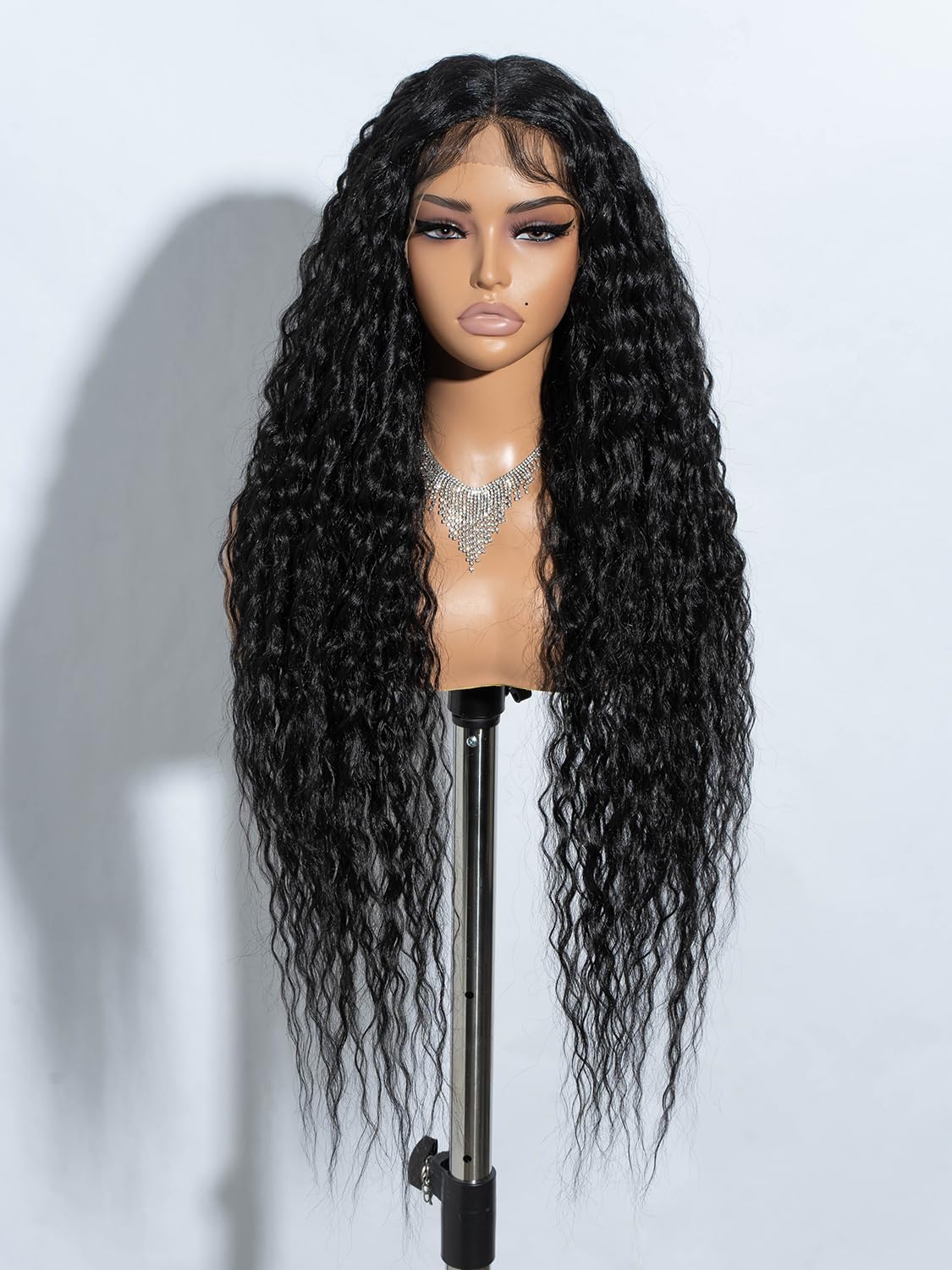 Joedir Long Deep Curly Wavy Wig 32 Inch Lace Front Synthetic Wigs for Women Pre Plucked Lace Front Wig HD Transparent Glueless Lace Wig Heat Resistant Fiber Black Curly Wig