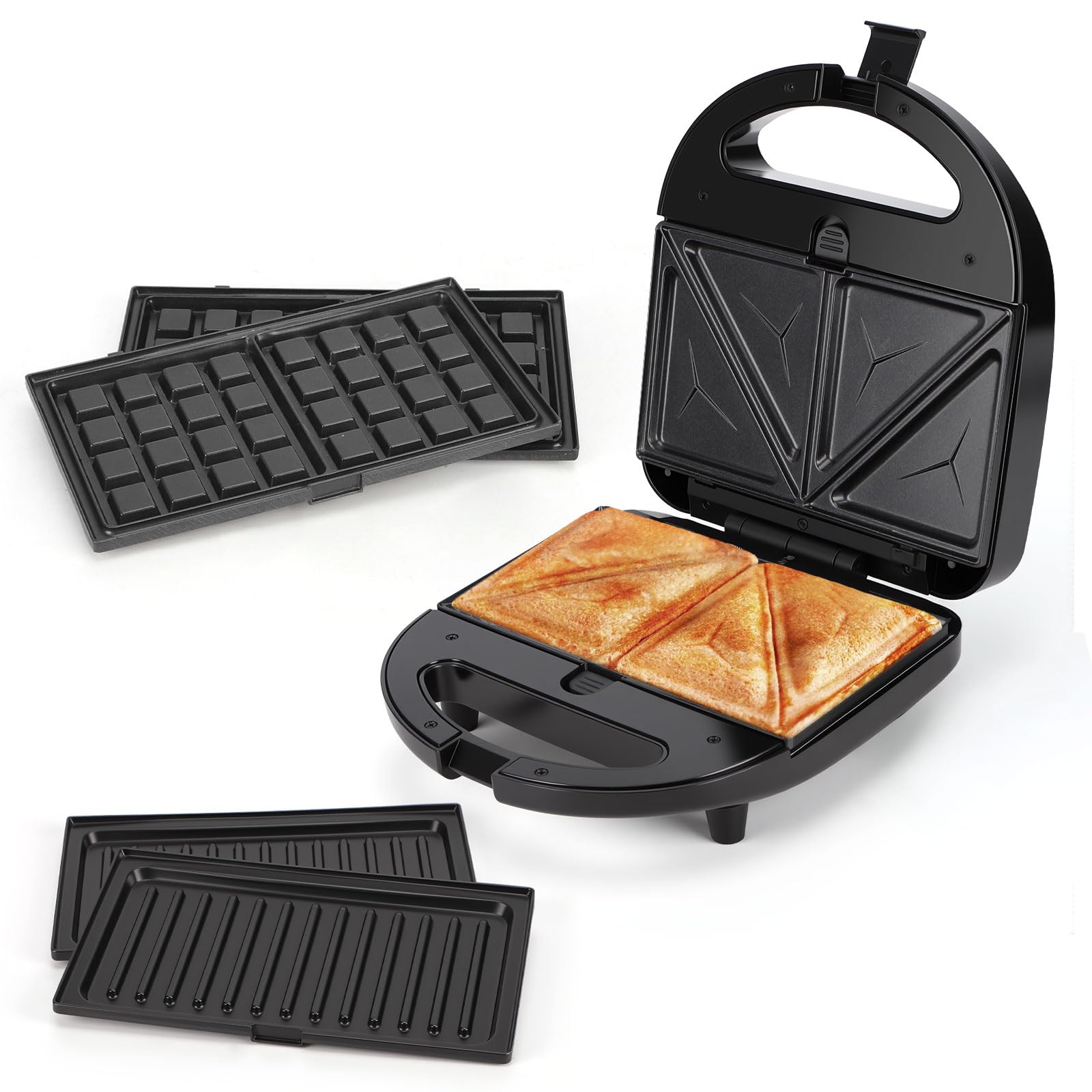 Sandwichmaker 3 in 1, Sandwichtoaster, Kontaktgrill, Waffeleisen 3 in 1, 3 Abnehmbare, Spülmaschinengeeignete und Antihaftbeschichtete Grillplatten, Dreieckig Sandwich Maker 30JVU, 750 W