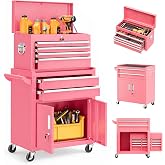 Bonusall Rolling Tool Chest with Wheels, 8 Drawer Metal Tool Cart with Portable Tool Box and Work Bench, Assembled Tool Chest with Drawer and Hooks for Garage, Workshop, Warehouse - Pink