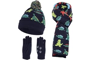 NATUST Kids Winter Hat Gloves Scarf 3 Piece Set Toddlers Dinosaur Pom Pom Beanie Children Knitted Warm Set