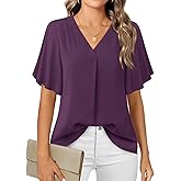Timeson Women's V Neck Chiffon Blouse Ruffle Sleeve Ladies Work Shirts