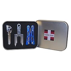Swiss+Tech ST20023 Polished Stainless Steel/Blue Utility Key Tool, Micro Pocket Multitools Gift Tin, Set of 3 