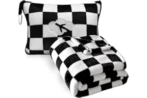 JUNGLE STAR Travel Blanket and Pillow Compact, Premium Soft 2 in 1 Airplane Blanket with Soft Bag Pillowcase，Hand Luggage Sleeve and Backpack Clip (Checkered Black)